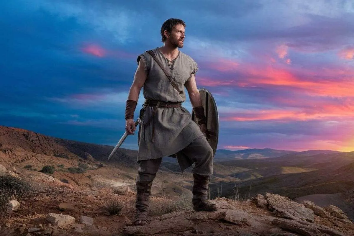 Illustration of Caleb standing on a mountain at sunset